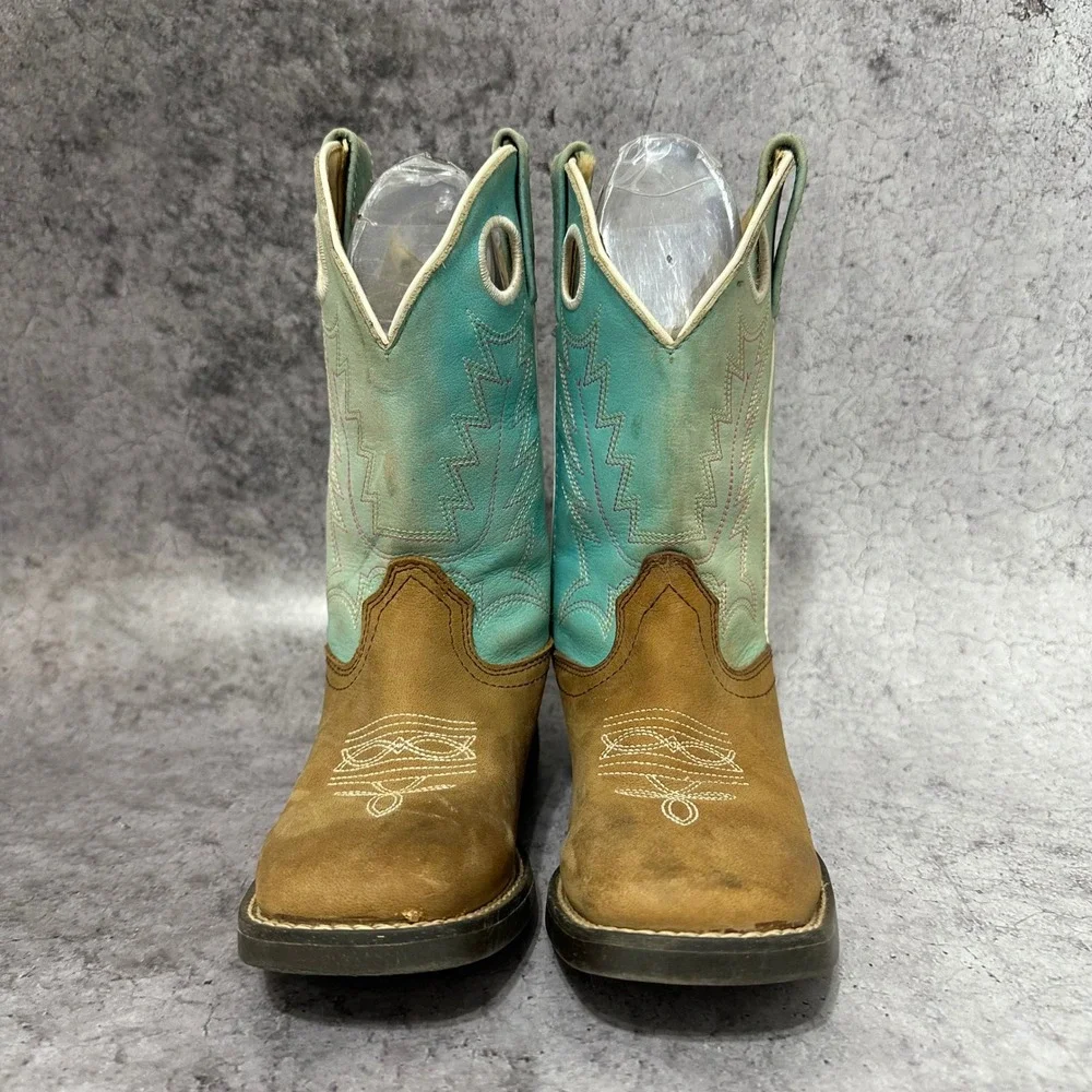 Shyanne Ceci Western Boots Kids Size 1 Brown Blue Leather Cowboy Pull Holes